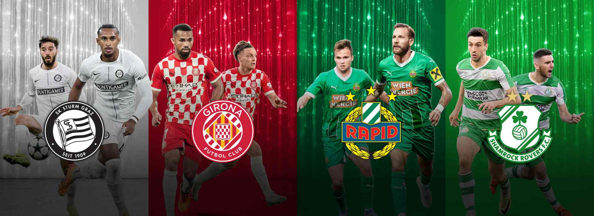 Spieler von Sturm Graz, Girona FC, Rapid Wien und Shamrock Rovers, mit Teamlogos, als Vorschau auf die UEFA-Matches am 27.11 und 28.11.